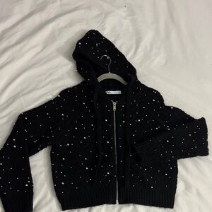 Zara Black Hooded Zip-Up Cardigan with White Bead Details
